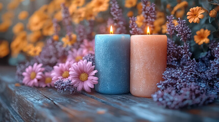 Beautiful Spa still life with aromatic candles and flowers on a wooden background