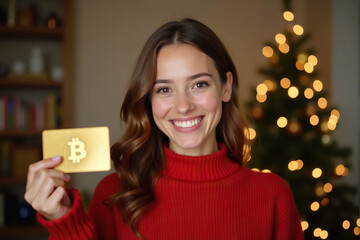 Woman holding a gold Bitcoin card