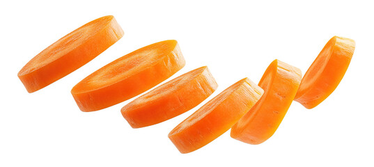 Wall Mural - Floating orange carrot slices, isolated on transparent cutout background