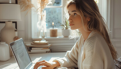 Poster - A businesswoman sitting at a beige home office desk, typing on her laptop.