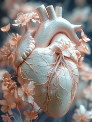 Poster - A human heart surrounded by flowers, pastel color.