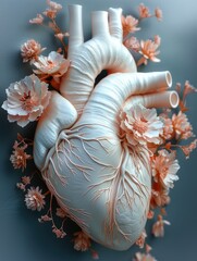 Poster - A human heart surrounded by flowers, pastel color.