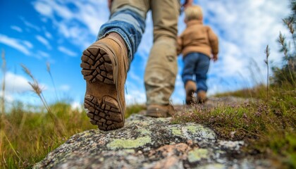 Closeup of father and son's feet hiking on a rocky path.