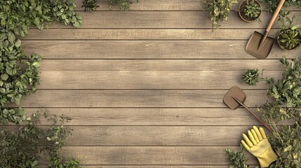 Sticker - Rustic wooden background with gardening tools, plants and copy space.