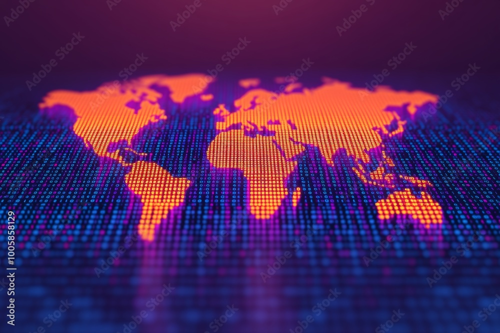 Digital world map in orange and purple displayed with binary code in ...