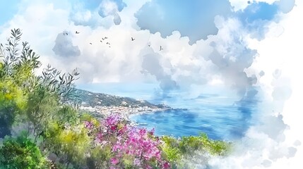 Wall Mural - Watercolor Coastal Landscape with Flowers and Sea