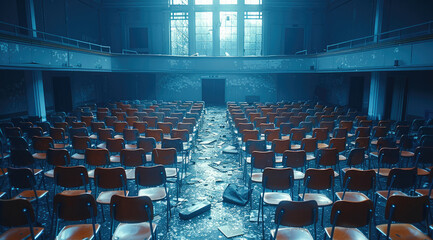 Aufkleber - Empty school theater room filled with chairs thrown around on the ground.