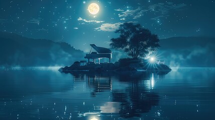 Poster - Night, starry night sky, crescent moon, moonlight, a grand piano on a glowing island, calm water reflection, piano emitting ethereal white light.