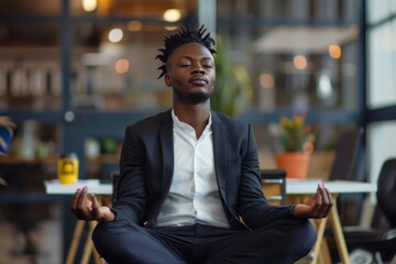 Canvas Print - Calm Zulu businessman meditating on office desk in middle of busy work day , background blur