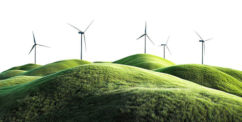 renewable energy windmills on hilly landscape, isolated on transparent cutout background