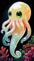 Poster - Cute Cartoon Octopus with Glowing Coral Reef