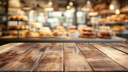 Wooden table surface ready for food display, with a blurred bakery interior creating a cozy, inviting background perfect for pastry or cafa-related visuals.