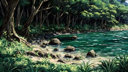 Poster - Serene Riverbank Landscape With Lush Foliage