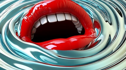 Abstract Red Lips in Blue Water Swirls