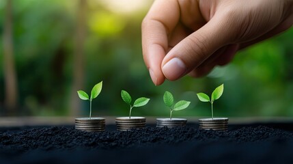 A hand placing a small plant on coins, symbolizing growth and investment in nature and finance.