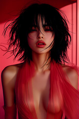 Wall Mural - A woman with long black hair and a red dress. She is wearing a red dress and has a red scarf around her neck