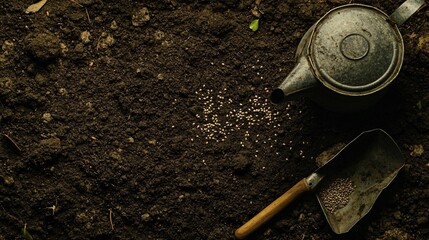 Sticker - Scattered seeds on soil next to a vintage metal watering can and a small shovel.