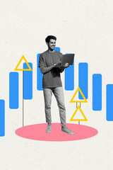 Poster - Vertical photo collage of happy freelancer man type laptop chart arrow up development concept progress isolated on painted background