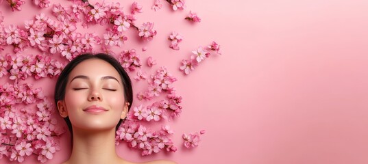 Portrait of Beautiful Asian Woman Lying with Blooming Sakura Flowers on Pink Background.