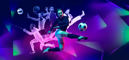 Creative collage. Young people, men and women in motion, practicing, performing different sports against dark background with abstract neon elements. Concept of sport, active lifestyle, dynamics.