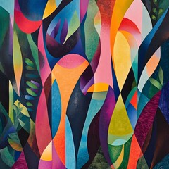 Poster - Vivid Abstract Expressionist Composition of Fluid Organic Forms and Angular Geometric Shapes with Mid Century Modern Influence and Lush Forest Scenery