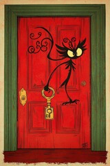 Canvas Print - Mysterious Black Creature at Red Door with Golden Key