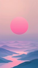 Wall Mural - A beautiful landscape with a pink sun in the sky. The sun is surrounded by mountains and a river. The sky is a mix of blue and pink, creating a serene and peaceful atmosphere