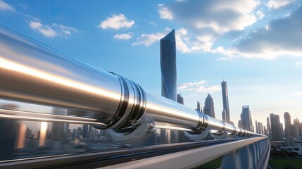 A modern metallic pipe extends towards a futuristic skyline under a clear blue sky, showcasing industrial innovation and urban design.