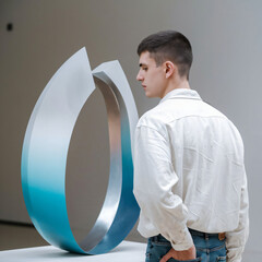 Minimal portrait of young man looking at modern art sculpture while visiting gallery or museum in white and blue tones copy space