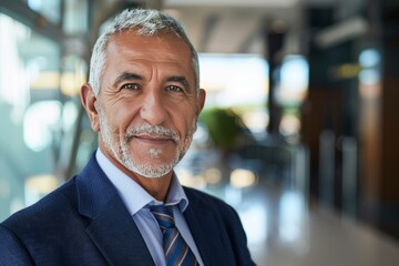 Canvas Print - Portrait of successful senior Berber businessman consultant looking at camera and smiling inside modern office building , background blur