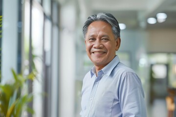 Canvas Print - Portrait of successful senior Filipino businessman consultant looking at camera and smiling inside modern office building , background blur