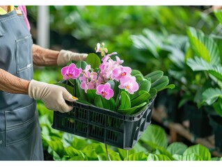 A person holds a basket of vibrant pink orchids among lush greenery in a nursery, showcasing nature's beauty and care.