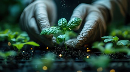 Poster - Hands Gently Planting Saplings in a Greenhouse Setting