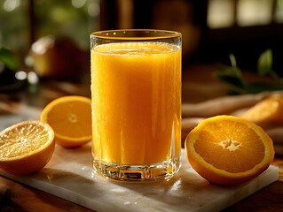 Orange juice has many health benefits, such as high vitamin C, which helps boost immunity, and can be used in images to convey a sense of freshness or as a beverage in advertisements and food menus.