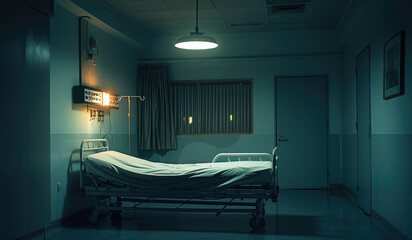 Wall Mural - A dark hospital room with a dim light over an empty hospital bed. Tone is sad, ominous.