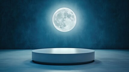 a serene scene featuring a glowing full moon above a circular platform, perfect for showcasing produ