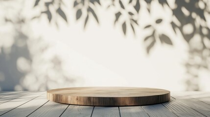 Poster - A wooden circular platform with soft shadows from leaves, creating a serene atmosphere.