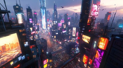 Poster - Vibrant Cyberpunk inspired city skyline with towering skyscrapers reaching towards the stars neon lights and illuminated billboards casting a warm glow across the dynamic urban landscape