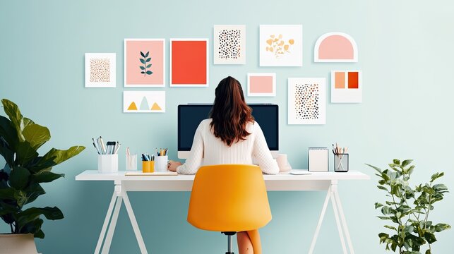 A serene workspace with a woman at a desk, surrounded by vibrant wall art and greenery, promoting creativity and productivity.