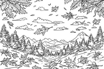 Coloring book illustration of autumn leaves and scenic mountain landscape