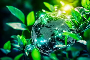 Poster - A green leafy plant with a globe on top of it. The globe is made of wires and has a network of lines on it. Concept of interconnectedness and the importance of technology in our world