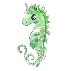 Poster - Cute Green Seahorse with Horn Watercolor Illustration