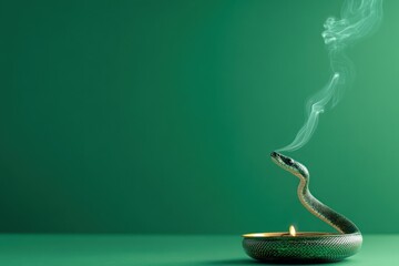 Snake-shaped incense burner with smoke on green background