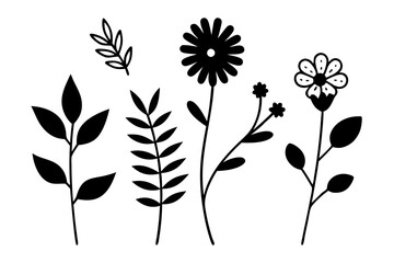 A Set of botanical leaf doodle wildflower | vector silhouette illustration on white background