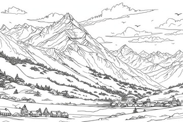 Wall Mural - Coloring book illustration of a snow covered mountain range under a partly cloudy sky with a small town in the foreground