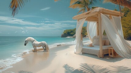 A serene beach featuring a luxurious, rustic cabana with light fabric curtains swaying gently in the warm breeze. The cabana sits on soft white sand, A majestic white horse stands nearby.