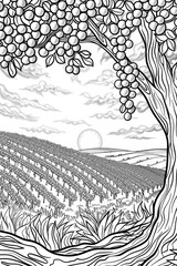 Wall Mural - Coloring book illustration of a panoramic landscape at sunset in autumn A rural scene featuring rows of grapevines on a hill with the branches of a large tree framing the composition