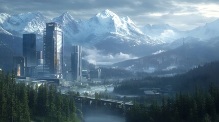 Poster - Breathtaking image showcasing a captivating blend of natural and urban landscapes featuring forests mountains and modern architecture all captured with cinematic lighting and moody atmospheric tones