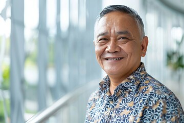 Canvas Print - Portrait of successful senior Indonesian businessman consultant looking at camera and smiling inside modern office building , background blur