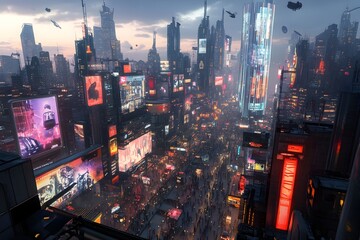 Poster - Vibrant modern metropolis with a soaring skyline of gleaming glass and steel towers  Crowded streets teeming with activity holographic billboards
